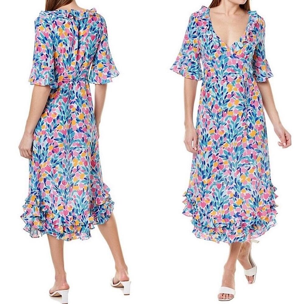 Tyler Boe 100% Silk Floral Midi Dress V-Neck Short Ruffled Sleeves A-Line Small